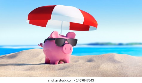 Piggy bank relaxing at the beach  - concept cheap holidays - 3D illustration - Powered by Shutterstock