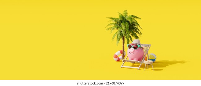 Piggy Bank Resting In Beach Chair On Yellow Background. Summer Vacation Concept 3d Render 3d Illustration