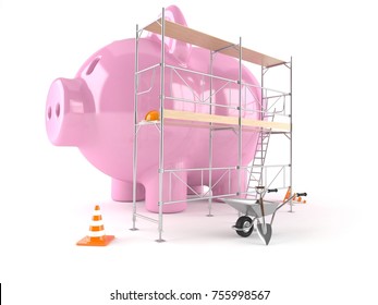 Piggy bank with scaffolding isolated on white background. 3d illustration