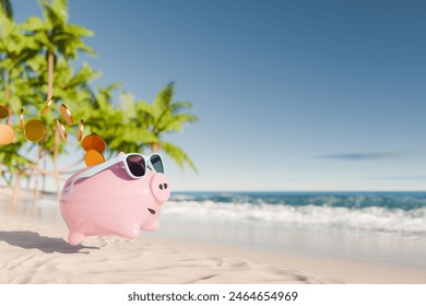 Piggy bank wearing sunglasses on a tropical beach with coins falling around it. Summer vacation and savings concept. 3d rendering - Powered by Shutterstock