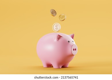 Piggy moneybox with falling gold coins on yellow background. Concept of savings and accumulation. 3D rendering - Powered by Shutterstock