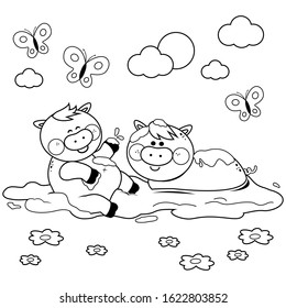 Pigs playing in the mud. Black and white coloring page.