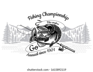 Pike Fish Bend With Crossed Fishing Rod With Landscape In Engrving Style. Label For Fishing, Championship And Sport Club On White