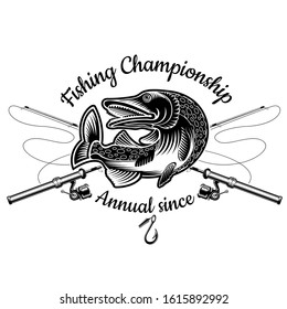 Pike Fish Bend With Crossed Fishing Rod In Engrving Style. Label For Fishing, Championship And Sport Club On White