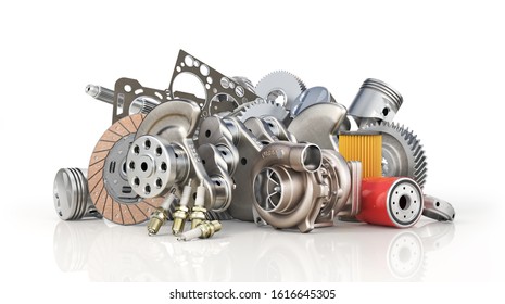 Pile Of Auto Parts Isolated On A White Background. 3d Illustration