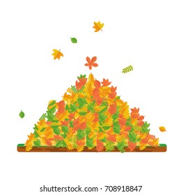  pile of autumn leaves. Raking autumn leaves. Season fall. Harvest time. Elements for sites, posters, info graphics. Flat cartoon illustration. Objects isolated on a white background.