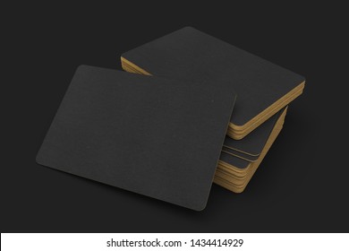 Pile Of Black Business Cards With Gold Edge Mockup. Blank Card. 3D Rendering.