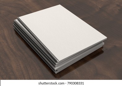 A Pile Of Blank Wire Bound Book Documents In A Pile On A Boardroom Table Surface - 3D Render 