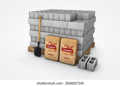 Pile Of Blocks With Cement, Insulated Building Materials On White Background 3D Illustration