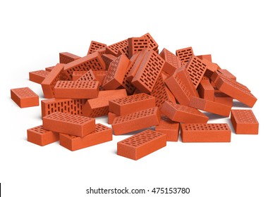 Pile Of Bricks Isolated On White. Construction Concept. 3d Illustration