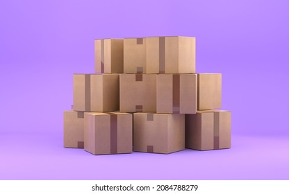 Pile Of Cardboard Box. Cargo Box On Violet Background. Set Cardboard Boxes. Or Delivery Package Isolated. Minimal Icon. 3d Rendering