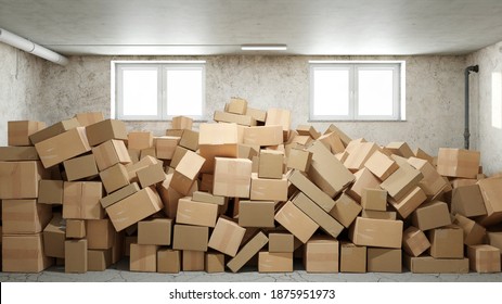 Pile Of Cardboard Boxes In Basement Or Warehouse Full Of Clutter And Chaos (3d Rendering)