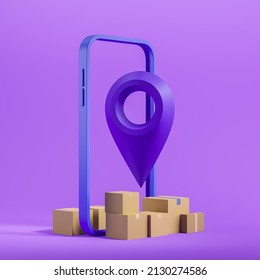 Pile Of Cardboard Boxes On Purple Background, A Location Mark And Phone. Concept Of Online Orders And Wholesale. Delivery And Tracking Of Parcel. 3D Rendering