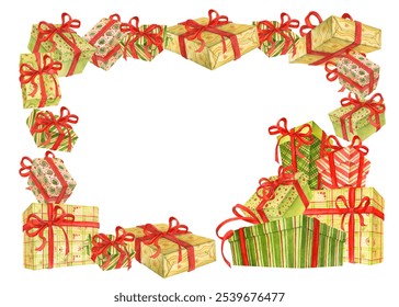 A Pile of colorful gifts with ribbons and bows in horizontal frame of presents. Stack of wrapped gift boxes. festive background for Boxing day, Sale, Christmas or other holiday printing or web design - Powered by Shutterstock