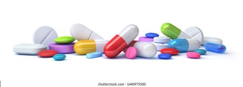 Pile of colorful pills, tablets and capsules on a white background - 3D illustration
