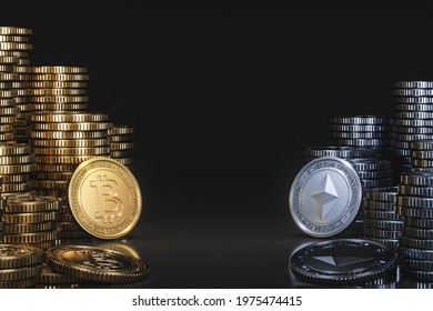 A Pile Of Cryptocurrency Coins Between Bitcoin (BTC) And Ethereum (ETH) In A Black Scene, Mockup Digital Currency Coin For Financial, Token Exchange Promoting, Advertising Purpose. 3d Rendering