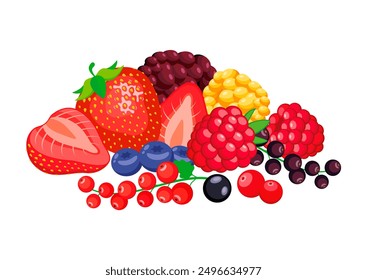 Pile of different berries illustration. Fresh berry fruit icon set isolated on a white background. Strawberries, raspberries, blueberries, cranberries, red currants drawing - Powered by Shutterstock