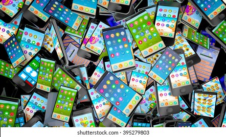 Pile Of Different Types Of Cell Phones. Technology Or Recycling Concept.