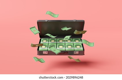pile dollar banknote in black briefcase isolated on pink background. investment or business finance concept, 3d illustration or 3d render