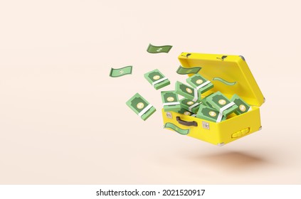 pile dollar banknote in yellow suitcase isolated on pink background. investment or business finance concept, 3d illustration or 3d render
