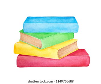 Pile of four colorful different books. Clean bright covers; red, yellow, green, blue colours. Hand painted water color graphic drawing on white, cut out clip art element for design and decoration.