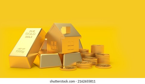 Pile Of Gold Bars And Coins With House Figurine On Yellow. 3d Illustration