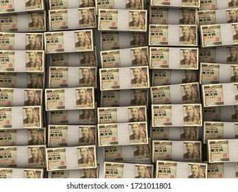 Pile Of Packs Of Yen Bills, 3d Rendering