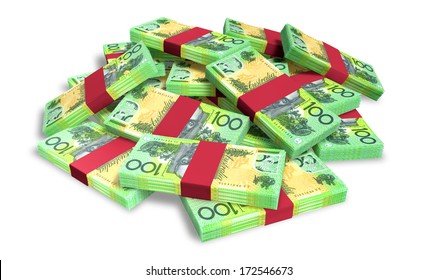 A pile of randomly scattered wads of australian dollar banknotes on an isolated background