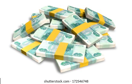 A Pile Of Randomly Scattered Wads Of Russian Ruble Banknotes On An Isolated Background 