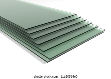 Pile Of Sheets Of Green Tempered Clear Float Glass Panels - 3d Render