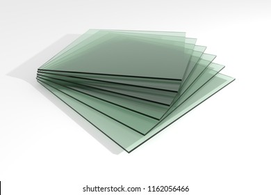 Pile Of Sheets Of Green Tempered Clear Float Glass Panels - 3d Render