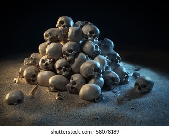 Pile Of Skulls In The Dark