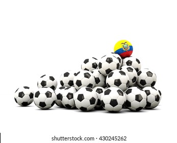 Pile Of Soccer Balls With Flag Of Ecuador. 3D Illustration