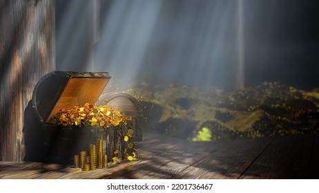 A Pile Of Treasures And Gold Coins Overflowed From The Treasure Chest. Storage Facility Or Treasury Room Lots Of Gold Coins Complex Stacks. 3d Rendering