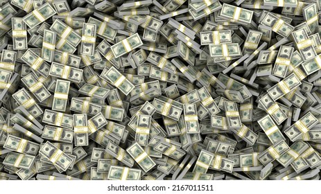 Pile Of Us Currency - US Dollars Top View Money Background. 3d Render