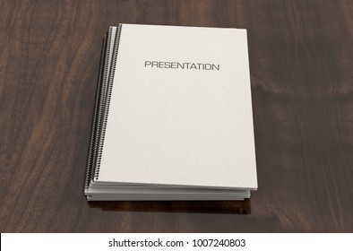 A Pile Of Wire Bound Presentation Documents In A Pile On A Boardroom Table Surface - 3D Render 