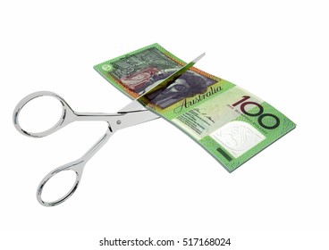 Piles Of 3D Rendered Australia Money With Pair Of Scissors Isolated On White Background