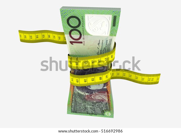 piles of 3D Rendered\
Australian money with with yellow measure tape isolated on white\
background