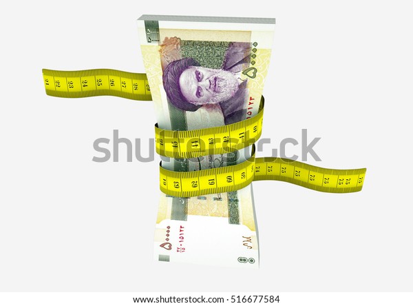 piles of 3D Rendered Iranian money\
with with yellow measure tape isolated on white\
background