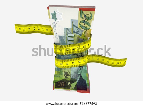 piles of 3D Rendered Israeli money\
with with yellow measure tape isolated on white\
background