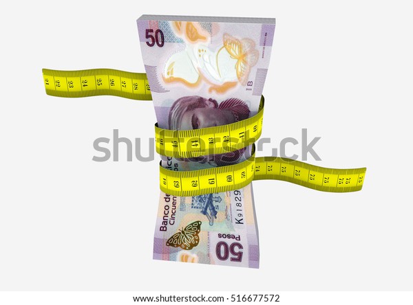 piles of 3D rendered Mexican money\
with with yellow measure tape isolated on white\
background