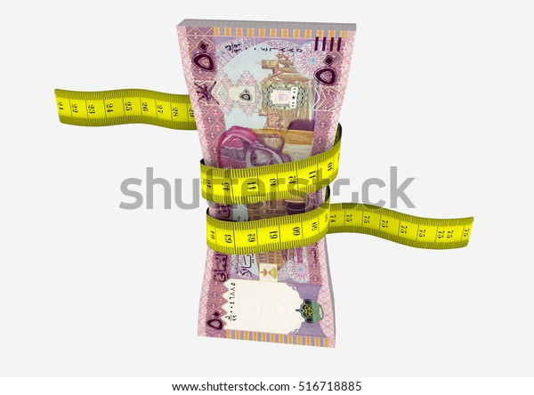 piles of 3D Rendered Oman money with\
yellow measure tape isolated on white\
background