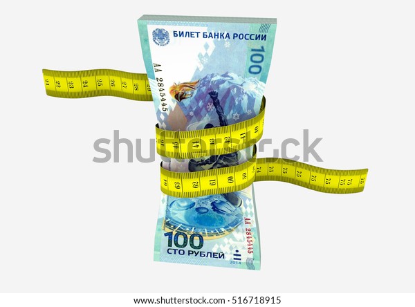 piles of 3D Rendered Russian money with\
yellow measure tape isolated on white\
background