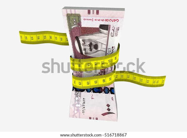 piles of 3D Rendered Saudi money with\
yellow measure tape isolated on white\
background