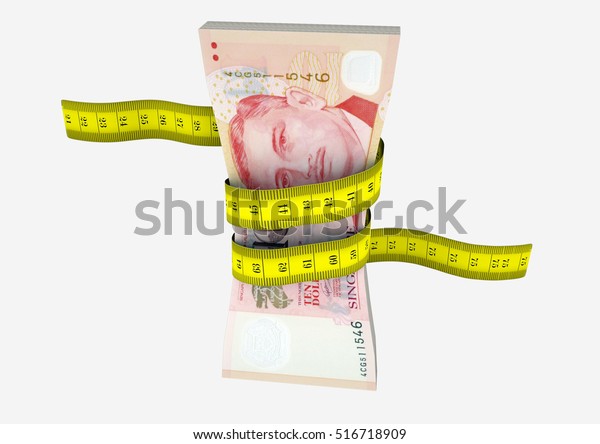 piles of 3D Rendered Singapore money\
with yellow measure tape isolated on white\
background