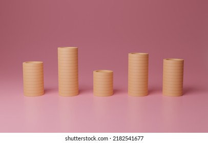 Piles Of Coins With Unequal Number Of Coins, Uncertain Personal Income Or Freelance Occupation, Unstable Financial Status Concept, 3D Illustration.