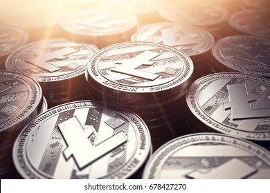 Piles of Litecoin coins (LTC) in blurry closeup. New cryptocurrency and modern banking concept. 3D rendering.
