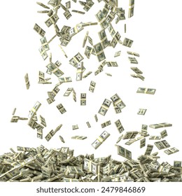 Piles  money  us dollar bills falling, isolated  transparent background. 3d render