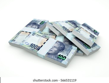 Piles Of South Africa Money Isolated On White Background