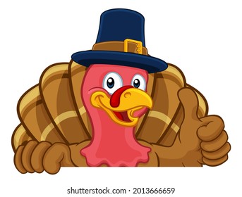 Pilgrim Turkey Thanksgiving bird animal cartoon character wearing a pilgrims hat. Peeking over a background sign and giving a thumbs up